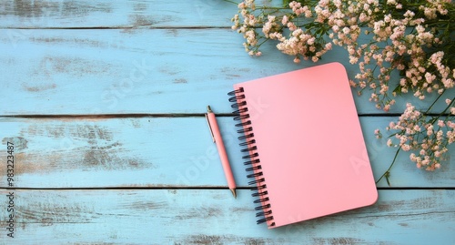 A pink notebook and pen with flowers on a blue wooden table in a cozy setting