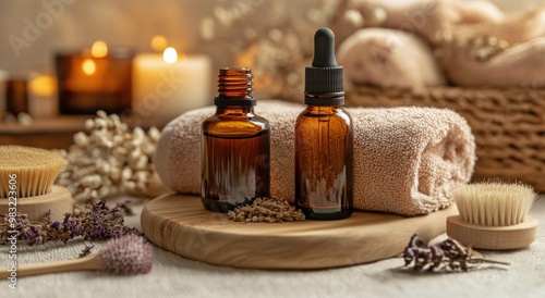 Essential oil dropper bottle on a wooden surface surrounded by towels and spa accessories