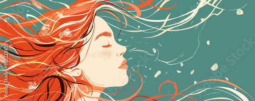 A woman with long red hair is depicted blowing her hair in the wind. The painting is a beautiful representation of the woman's flowing locks, which are being tousled by the wind