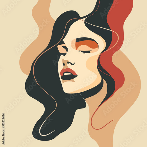 A woman with long hair and a red and brown streak on her face. The woman is sleeping and her eyes are closed