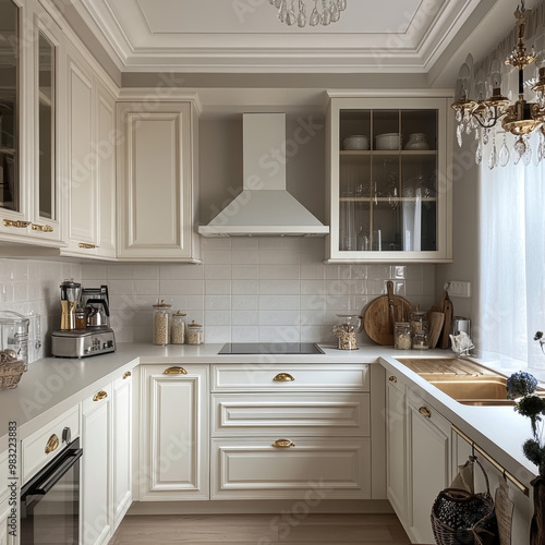 A small, classic American kitchen with white cabinets and a luxury feel, perfect for cooking.