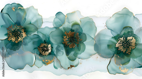 Elegant teal floral design with gold accents on a marble ink background