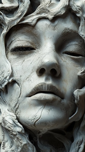 Stone Sculpture of a Woman's Face with Intricate Details