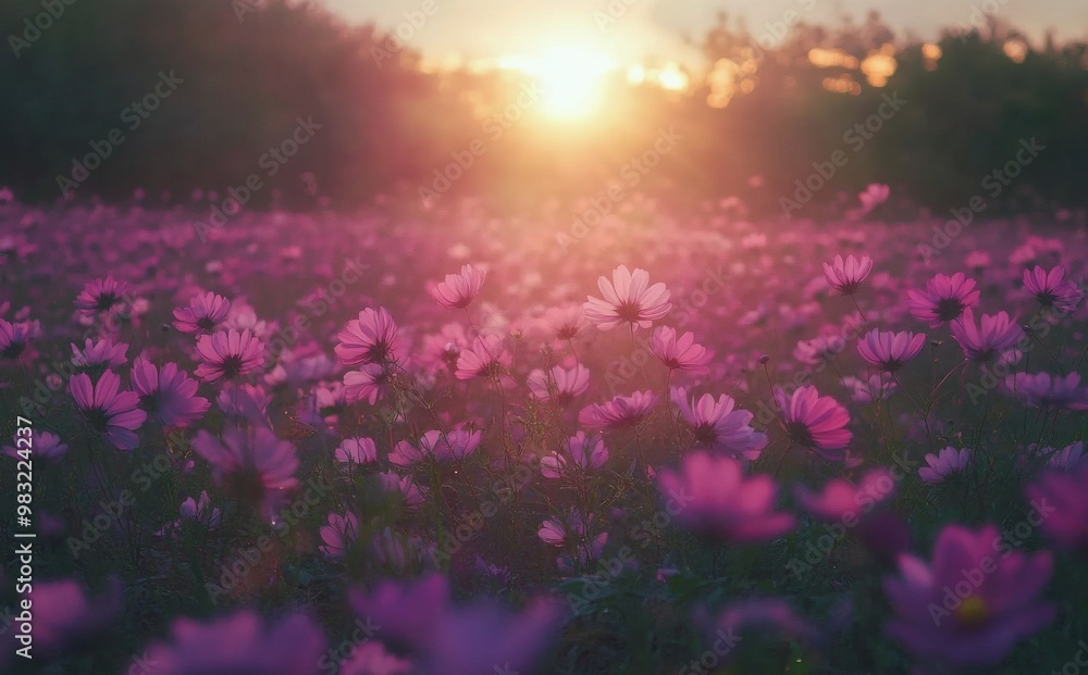 Vibrant field of blooming purple and white flowers swaying gently in the breeze at sunset Vibrant field of blooming purple and white flowers swaying gently in the breeze at sunset