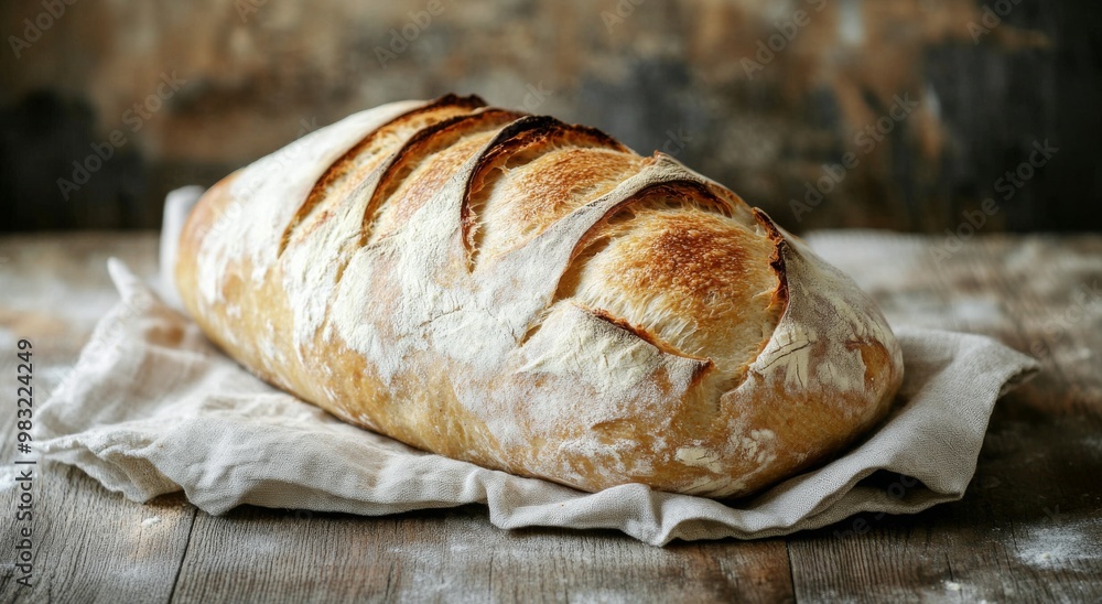 Freshly baked artisan loaf resting on a cloth in a rustic kitchen setting Freshly baked artisan loaf resting on a cloth in a rustic kitchen setting