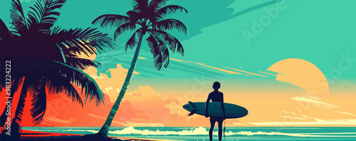 A man is standing on a beach with a surfboard. The sky is blue and the sun is setting