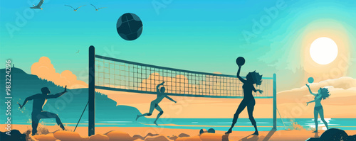 A group of people playing volleyball on a beach. The sky is blue and the sun is shining