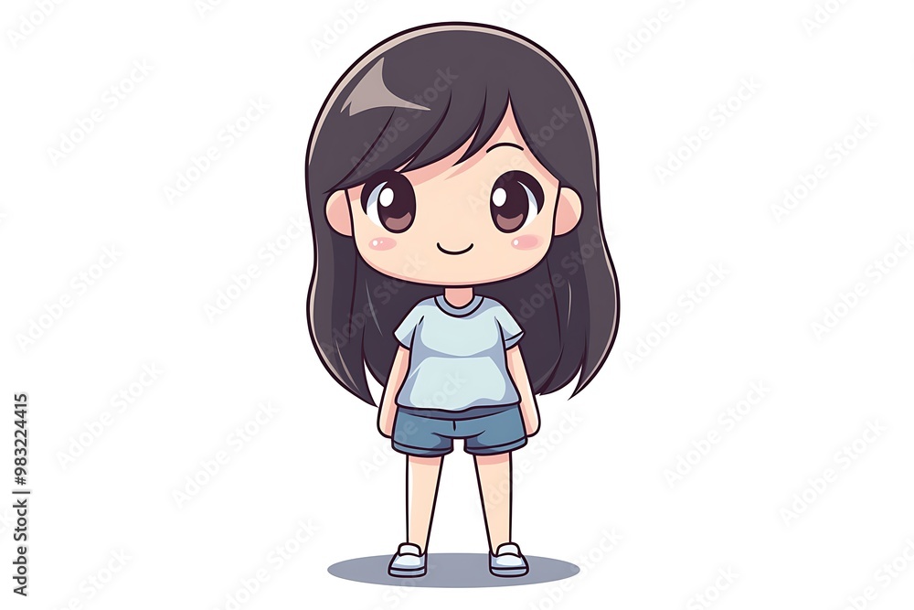 Cute chibi girl cartoon character with big eyes, smiling, white background Cute chibi girl cartoon character with big eyes, smiling, white background