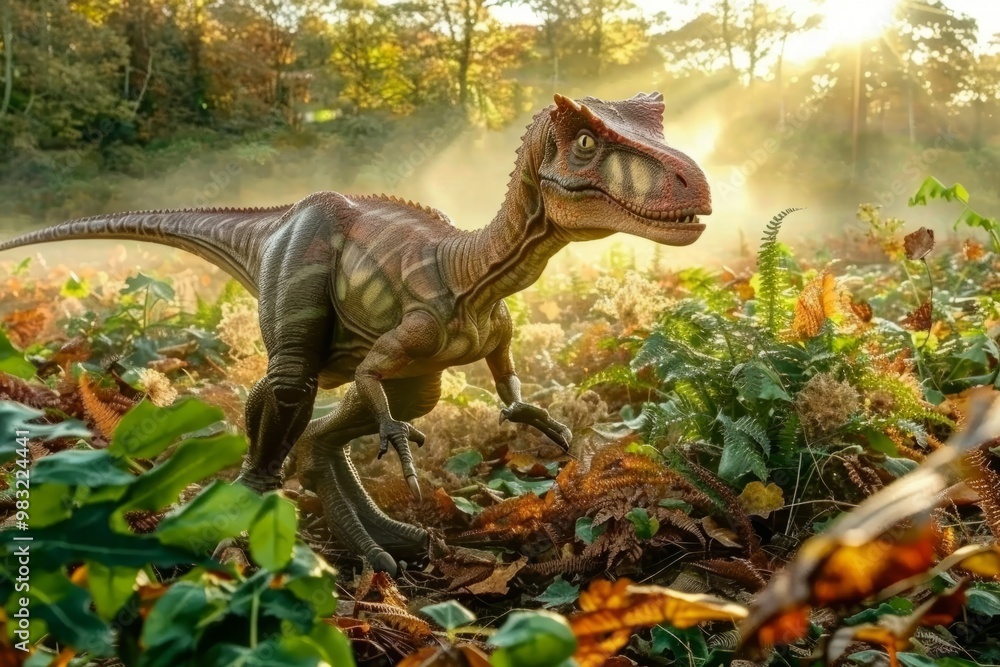 Realistic dinosaur model in forest setting with sunlight filtering through trees, standing among ferns and plants. 3D realistic dinosaur illustration. Realistic dinosaur model in forest setting with sunlight filtering through trees, standing among ferns and plants. 3D realistic dinosaur illustration.