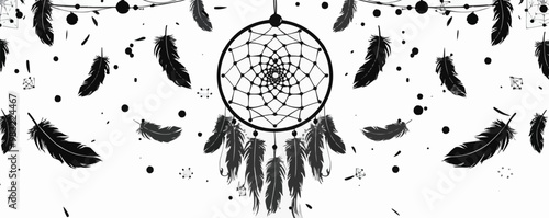 A black and white image of a dream catcher with feathers surrounding it. The feathers are scattered all over the image, creating a sense of movement and energy
