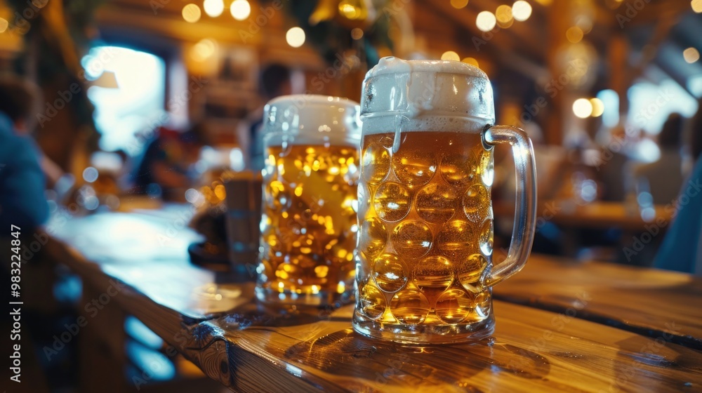 Two mugs of beer placed on a wooden table, perfect for a casual gathering or pub scene Two mugs of beer placed on a wooden table, perfect for a casual gathering or pub scene