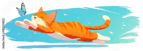 Playful ginger kitten chasing a butterfly, Vector flat minimalistic isolated illustration