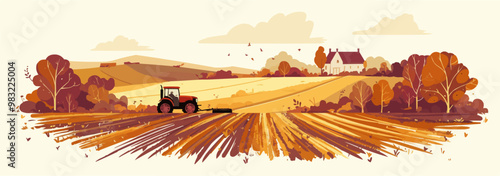 Tractor plowing fields in springtime. Vector flat minimalistic isolated illustration.