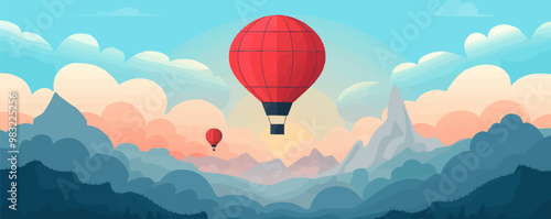 Red hot air balloon floating in the sky, Vector flat minimalistic isolated illustration