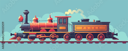Nostalgic model train with locomotive and tracks Vector flat minimalistic isolated illustration