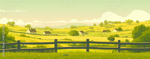 Rustic wooden fence in a countryside landscape. Vector flat minimalistic isolated illustration.