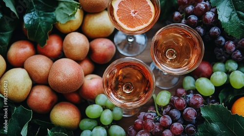 A vibrant spread of fresh fruits and beverages on a textured tablecloth durin...