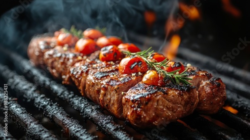 Evening barbecue in a lush garden with grilled meats and vegetables on the table