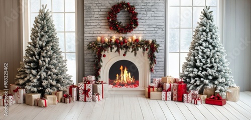 Cozy winter living room with elegant decorations, festive trees, and a warm f...