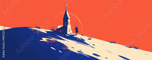 Produce a minimalist illustration of a church steeple with a cross, evoking the spiritual essence of Easter. Vector flat minimalistic isolated illustration.