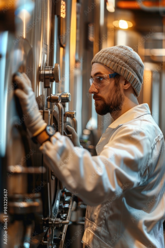 A person operating a device with glasses and a hat, suitable for industrial or technical contexts A person operating a device with glasses and a hat, suitable for industrial or technical contexts