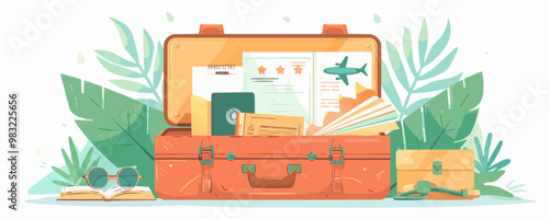 Travel suitcase with passport, tickets, and travel itinerary on a clean white surface. Vector flat isolated illustration.