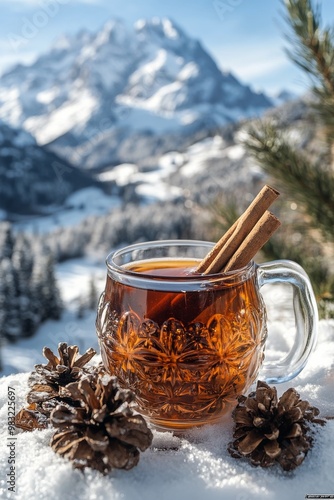 Warm tea in a glass cup on a snowy landscape with mountains during a sunny wi...