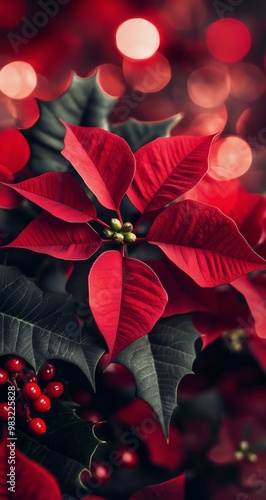 Bright red poinsettia surrounded by festive decorations during the holiday se...