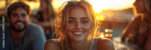 A young woman smiles brightly, with friends behind her, as the sun sets in the background.