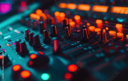 Close-up view of an illuminated sound mixing console with vibrant buttons and...