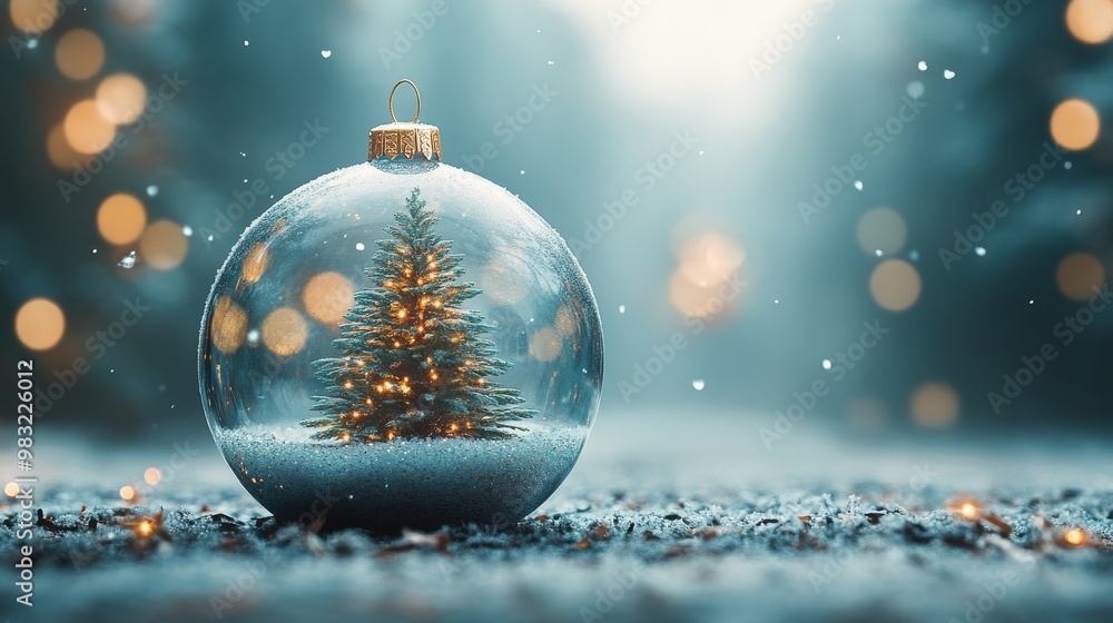 A snow globe featuring a decorated Christmas tree illuminated by soft lights in a winter setting A snow globe featuring a decorated Christmas tree illuminated by soft lights in a winter setting