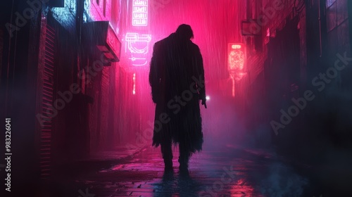 Mysterious Figure in Neon Alleyway at Night