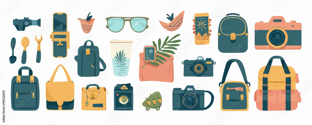 Travel accessories on a white background. Vector flat isolated illustration. Travel accessories on a white background. Vector flat isolated illustration.