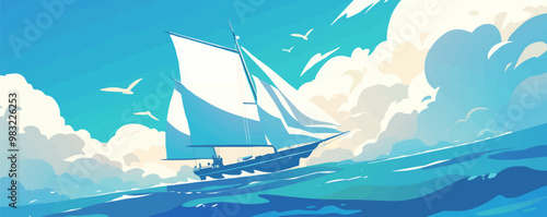 Sailboat with billowing white sails, Vector flat minimalistic isolated illustration