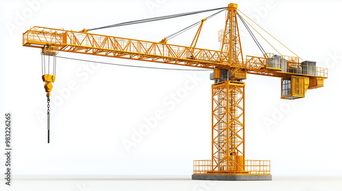 Yellow tower crane with a hook isolated on a white background