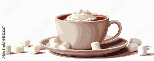 A steaming mug of hot chocolate with marshmallows and whipped cream on a white background. Vector flat minimalistic isolated illustration.