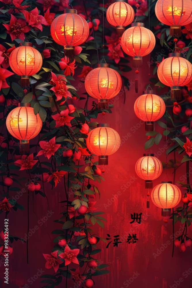 A group of red lanterns hang from a tree branch, providing a warm glow in the evening