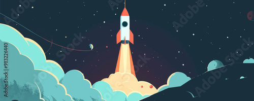 Space rocket launching into the cosmos, Vector flat minimalistic isolated illustration