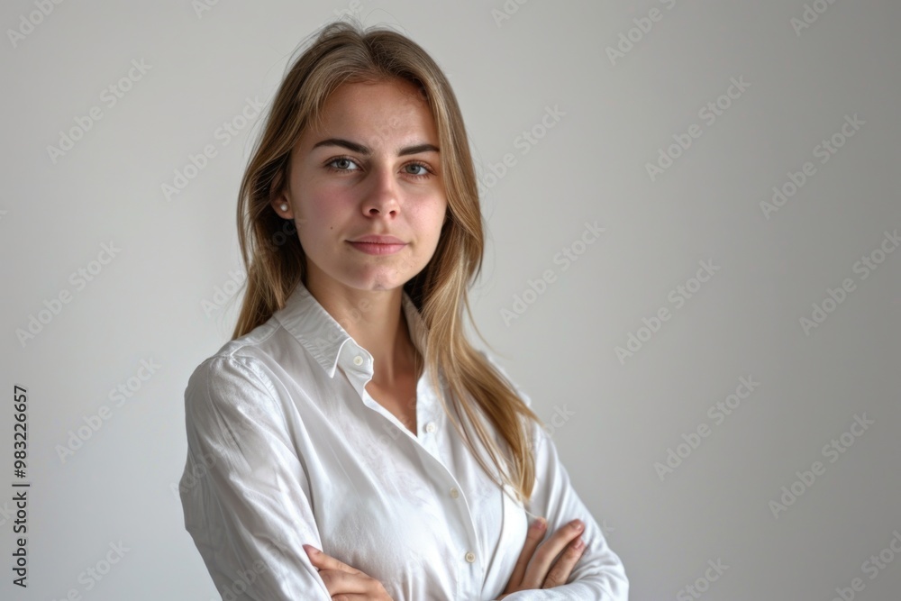 A woman stands with her arms crossed, wearing a white shirt A woman stands with her arms crossed, wearing a white shirt