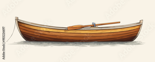 Classic wooden rowboat with oars and water Vector flat minimalistic isolated illustration