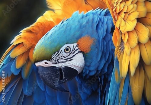 Vibrant macaw perched quietly, showcasing its colorful feathers in a natural ...