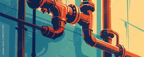 Steam pipes and valves in a vintage industrial setting. Vector flat minimalistic isolated illustration.