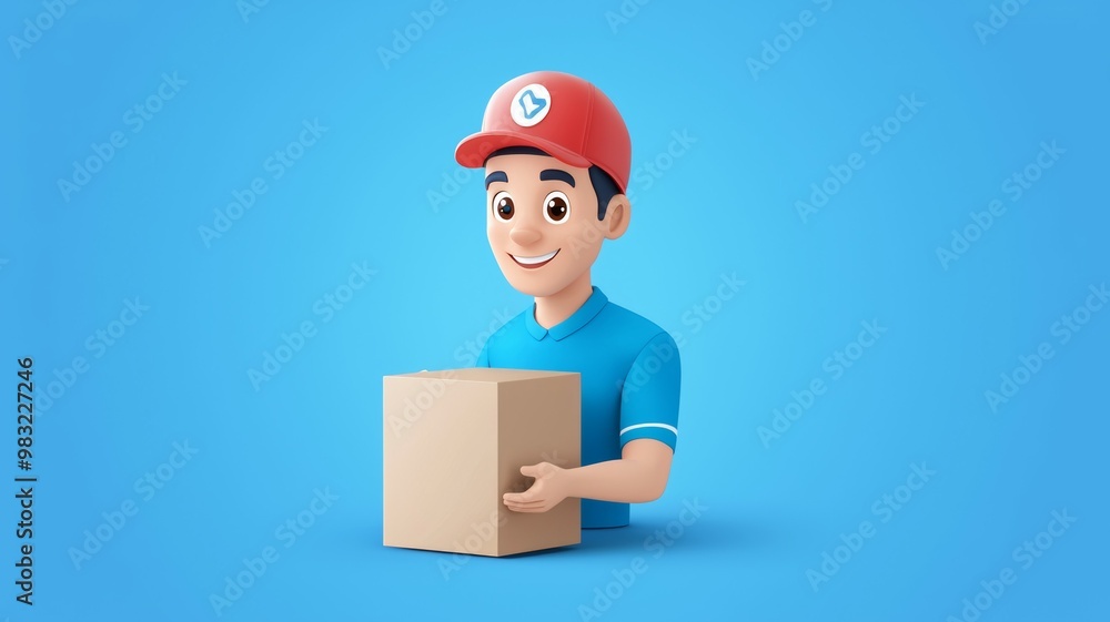 A man in a blue shirt is holding a cardboard box A man in a blue shirt is holding a cardboard box