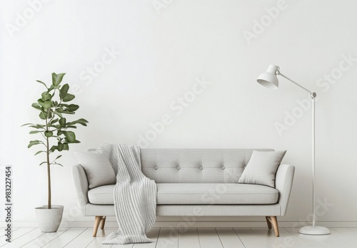 Cozy modern living room setup with a gray sofa and stylish floor lamp in a mi...