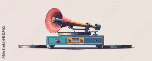 Vintage phonograph and vinyl records on a clean white surface. Vector flat isolated illustration.