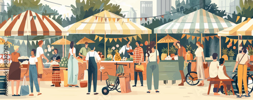 Detailed illustration of a vintage street market with various vendors and shoppers, flat, vector illustration, vintage hand drawn.