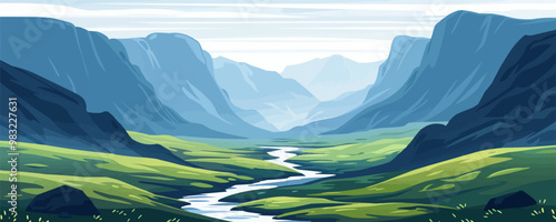 Peaceful river flowing through a valley Vector flat minimalistic isolated illustration
