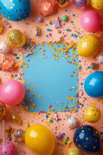 Colorful party decorations with confetti and balloons arranged on a festive b...