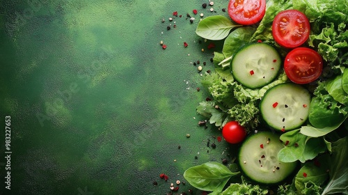 Fresh green salad with tomatoes, cucumbers, and onion arranged on a light bac...