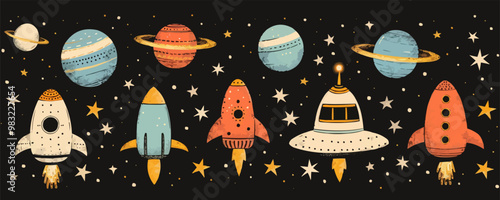 Toy UFOs on a white background. Vector flat minimalistic isolated illustration.